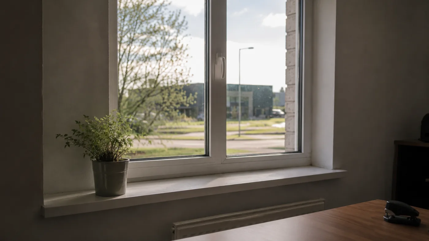 Een kantoorraam in tegenlicht, met een plant op de vensterbank.